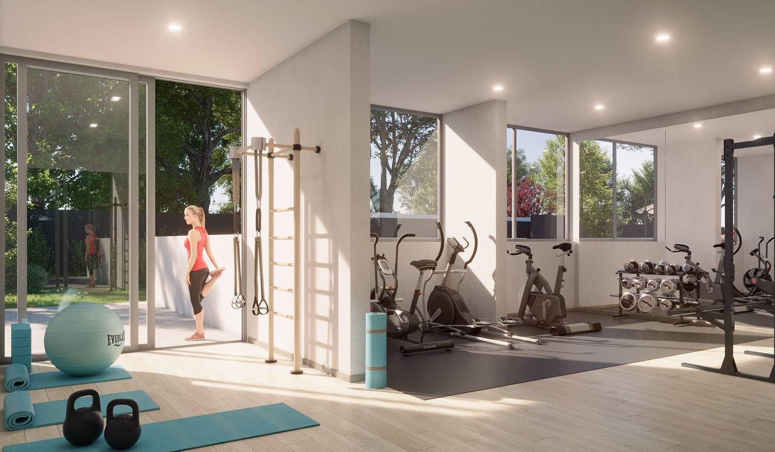 Gimnasio equipado para realizar ejercicios pesas, cardio y mucho mas